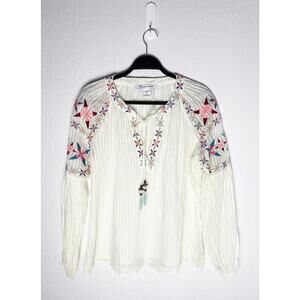 Belle Vere Women's Long Sleeve V Neck Top Embroidered Tassels Sheer Bohemian